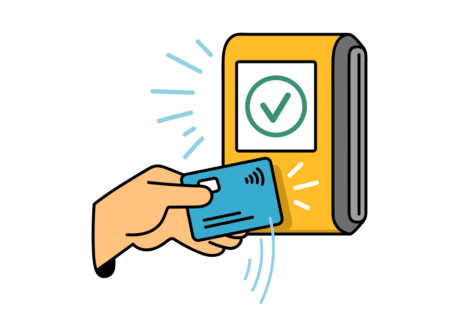 A hand taps a credit card on a fare validator.