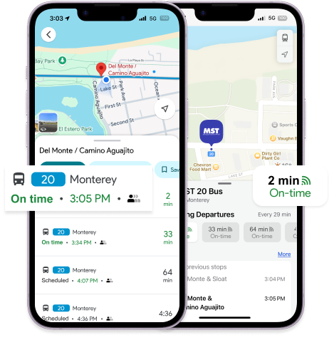 Two mobile screenshots of Del Monte / Camino Aguajito bus stop in Montery, CA showing GTFS Realtime data. One screenshot shows the bus stop on Google Maps and the other on Apple Maps.
